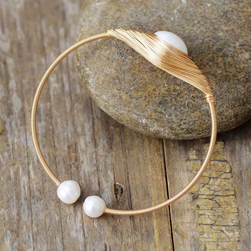 Natural Freshwater Pearl Gold Plated Wire Cuff Bracelet