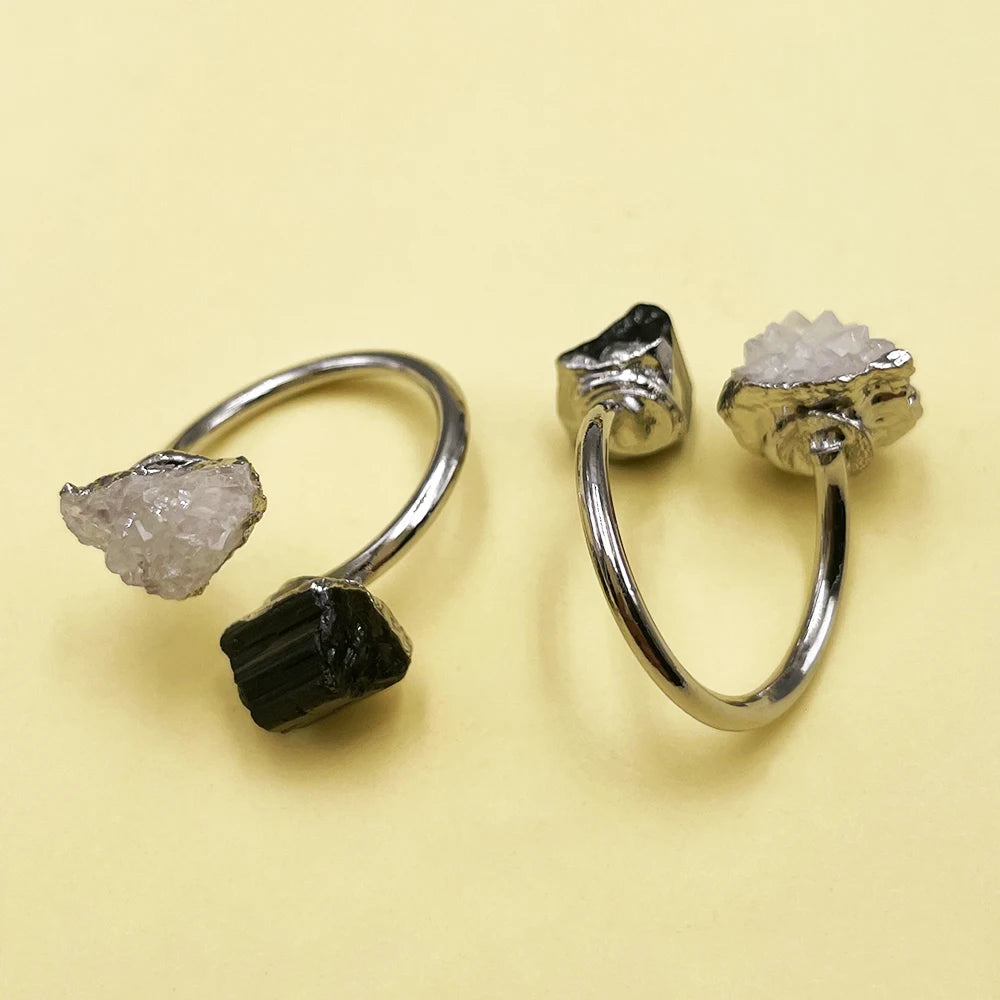 Natural Black Tourmaline & Clear Quartz Open Adjustable Ring