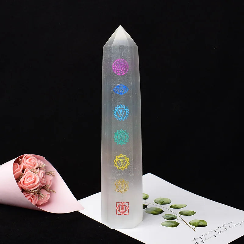 Natural Pointed Selenite Seven Chakras Tower