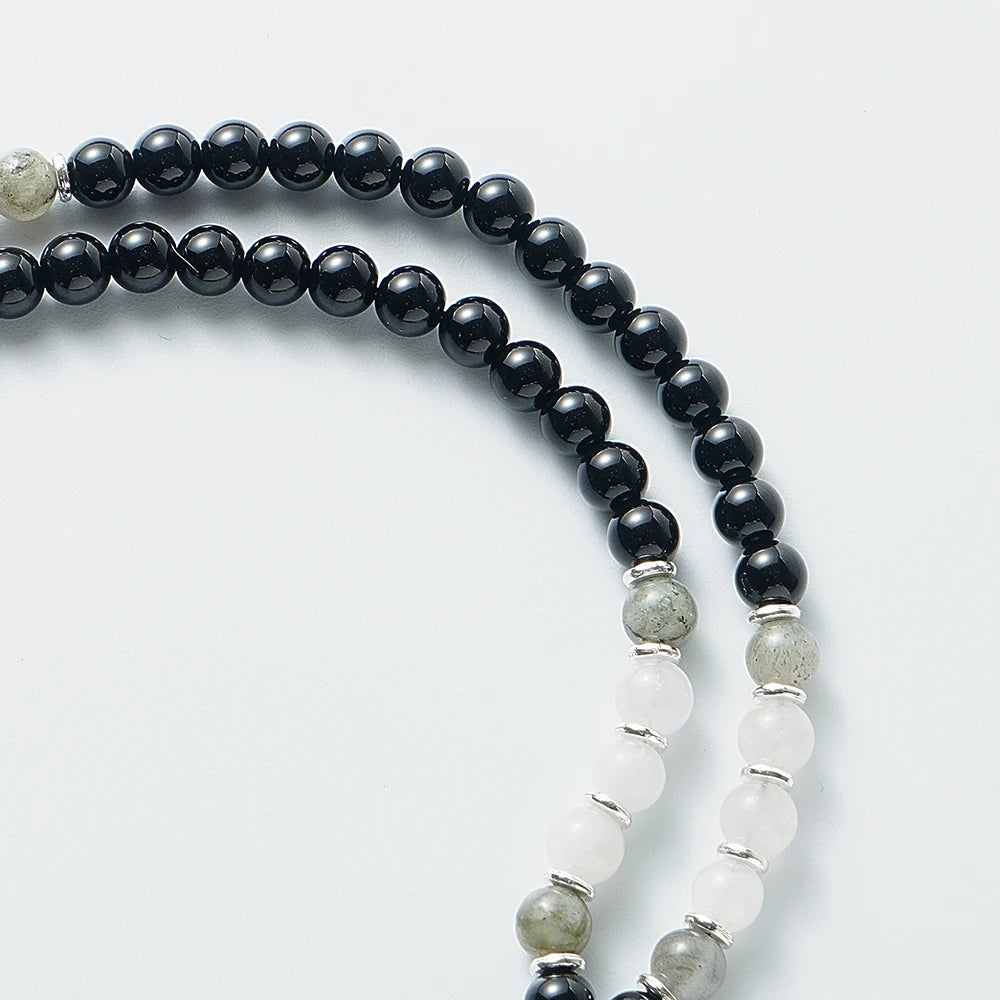 Natural Black Onyx, Labradorite & White Quartz 108 Beads Mala Set