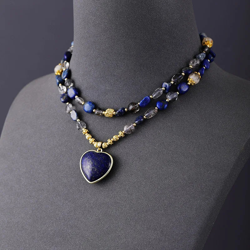 Natural Lapis Lazuli & Clear Quartz Heart Necklace