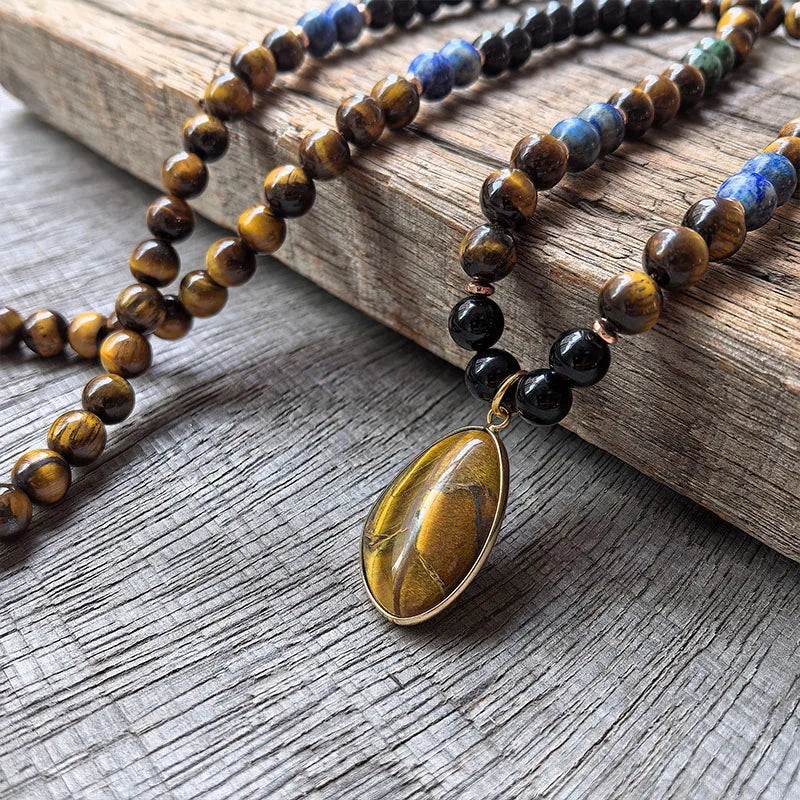 Natural Ruby Zoisite, Tiger Eye, Lapis Lazuli & Black Onyx 108 Beads Mala Set