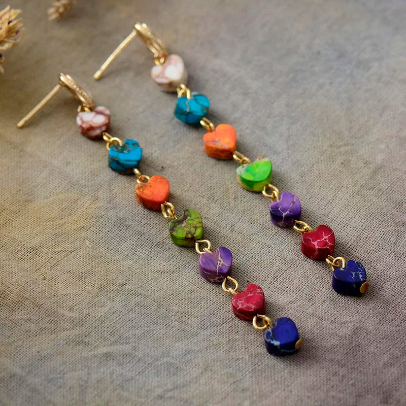 Natural 7 Chakras Jasper Rainbow Hearts Earrings