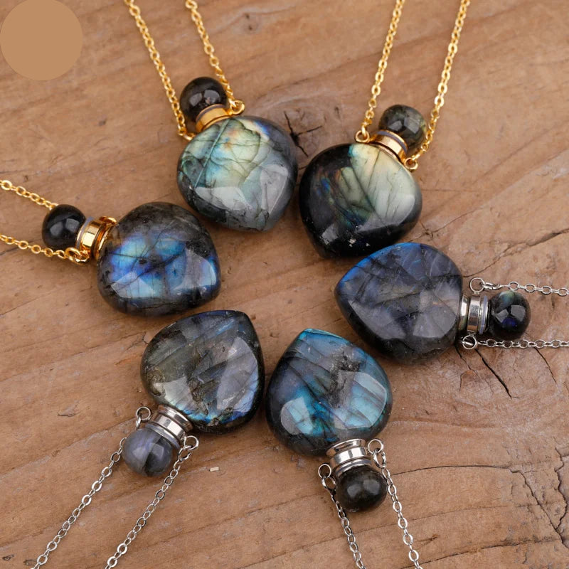 Natural Labradorite Heart Shaped Perfume Bottle Necklace