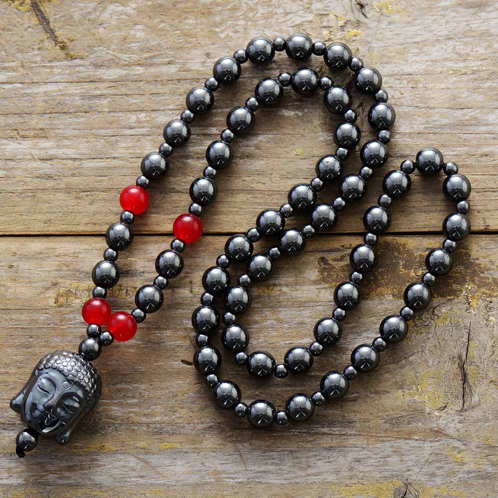 Natural Hematite & Onyx Buddha Head Necklace