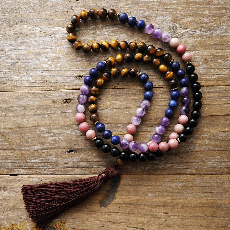 Natural Tiger Eye, Amethysts, Rhodonite, Lapis Lazuli & Onyx 108 Beads Mala