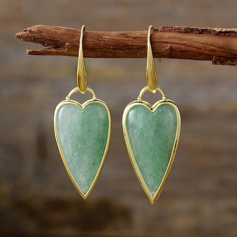 Natural Aventurine Gold Plated Heart Long Earrings