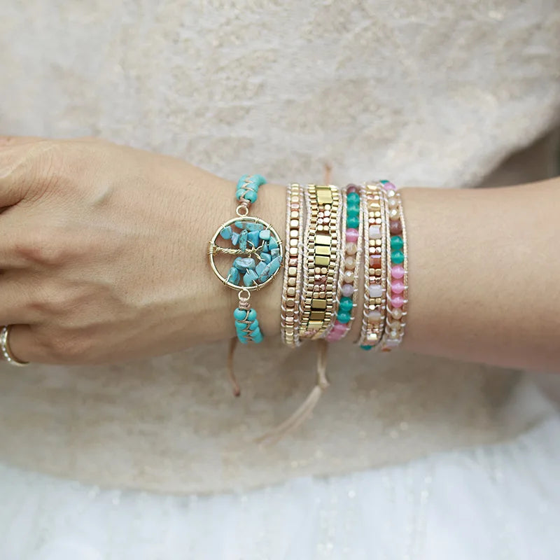 Natural Lavender Agate Tree of Life Heart Wrap Bracelet