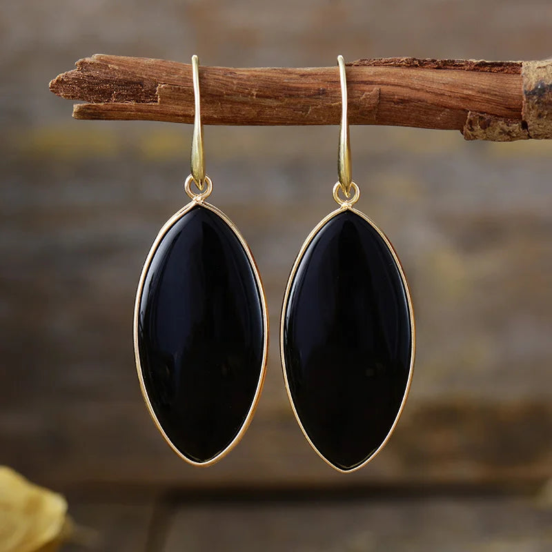Natural Black Onyx Eye-Shaped Earrings