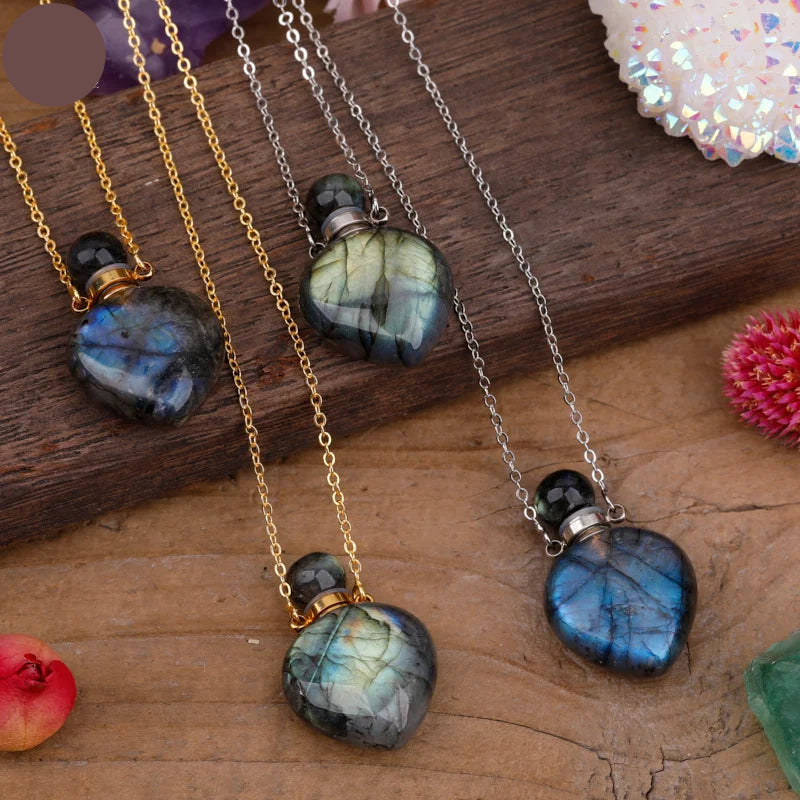 Natural Labradorite Heart Shaped Perfume Bottle Necklace