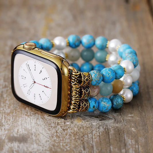 Natural Turquoise Jasper, Freshwater Pearls & Amazonite Beaded Smartwatch Band