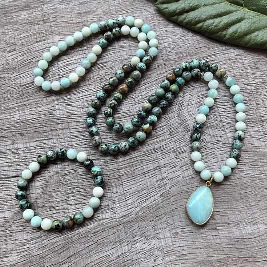 Natural Amazonite & African Turquoise 108 Beads Mala Bracelet Set