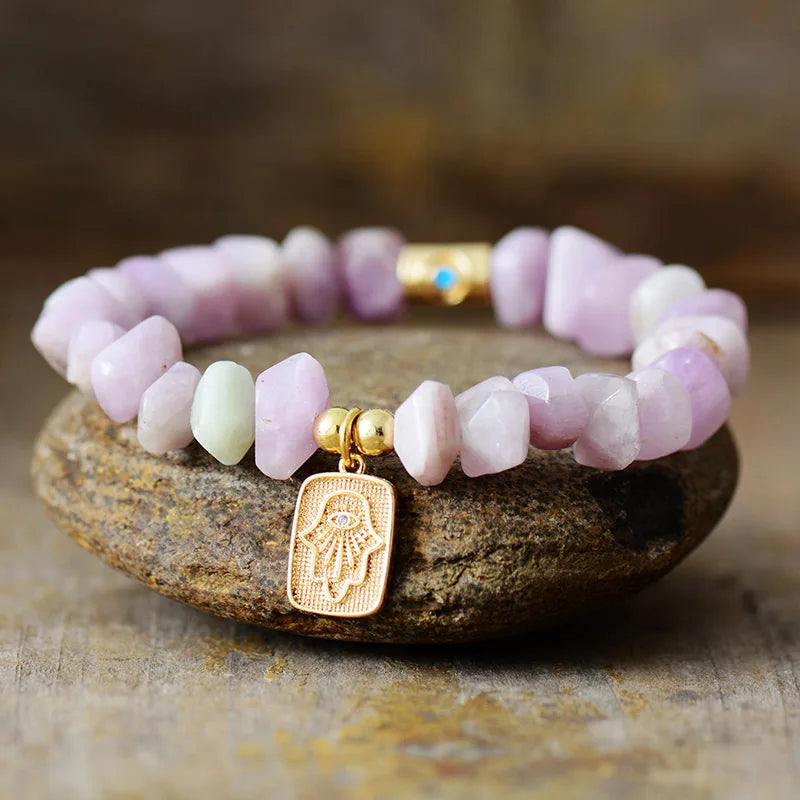 Natural Kunzite Hamsa Charm Bracelet