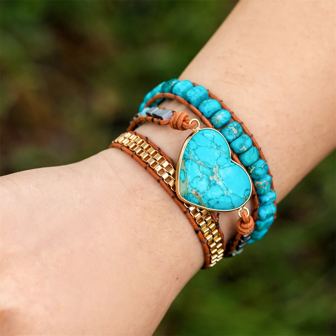 Natural Jasper Turquoise Heart Leather Wrap Bracelet