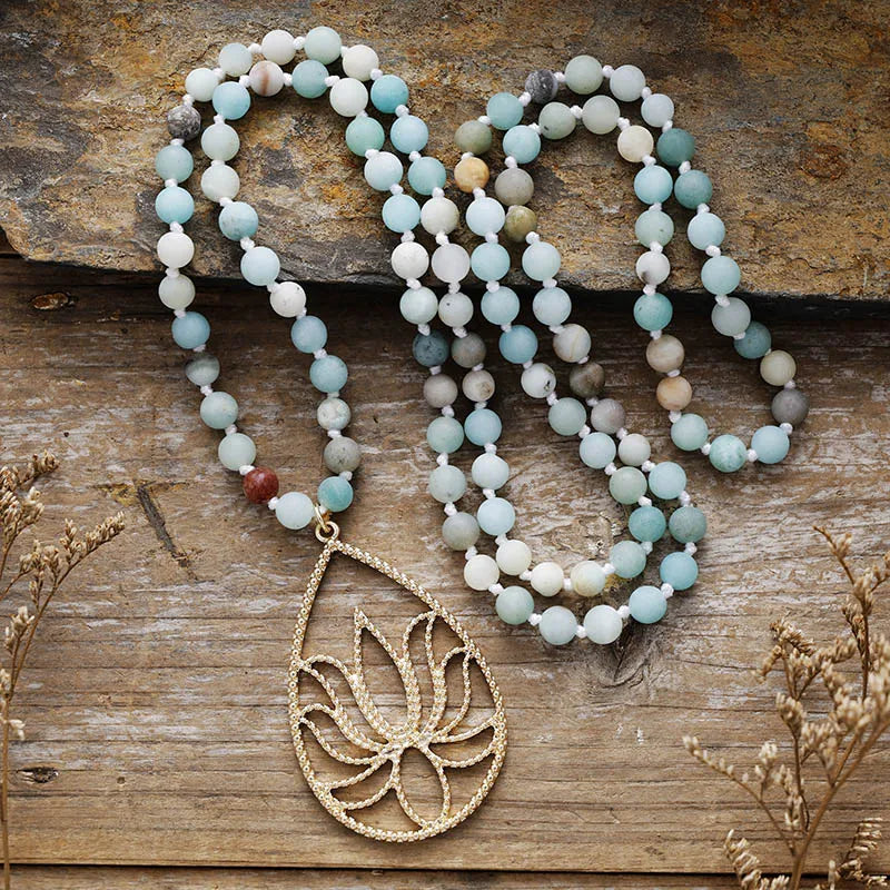Natural Amazonite 108 Beads Lotus Mala