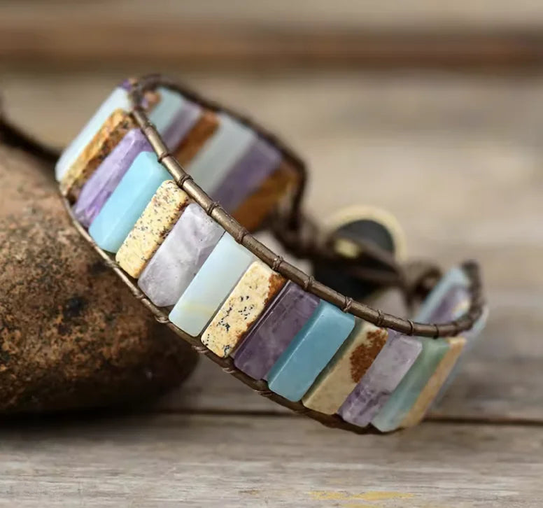 Natural Amazonite, Amethyst & Picture Jasper Wrap Bracelet