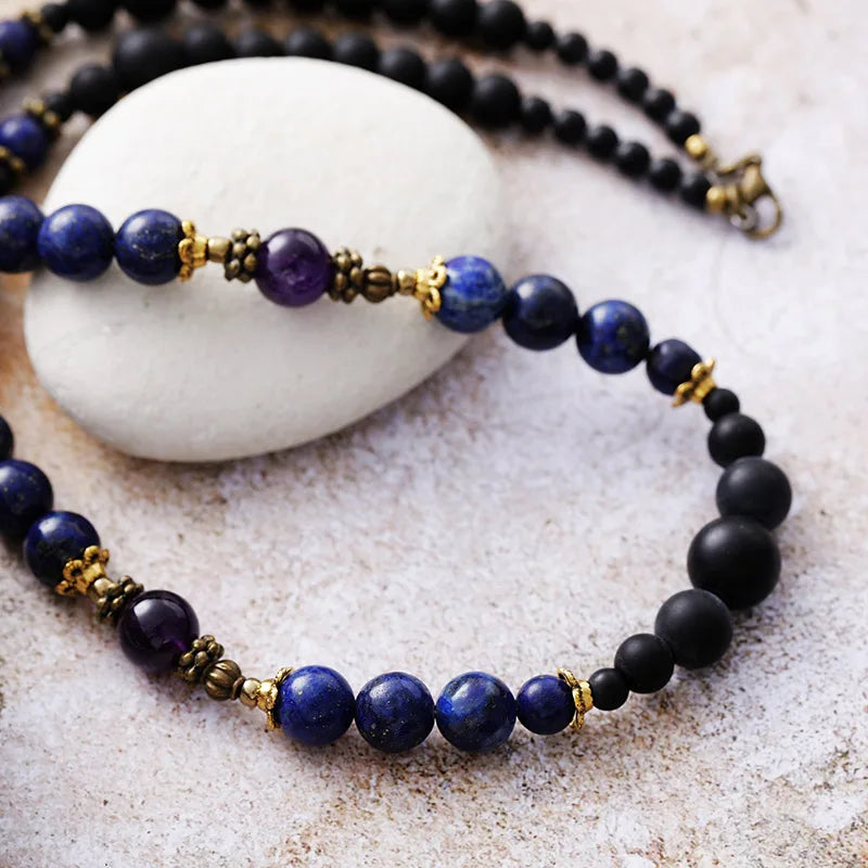 Natural African Turquoise, Black Onyx, Tiger's Eye Beaded Choker Necklace