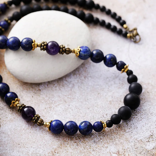 Natural Black Onyx, Lapis Lazuli & Amethyst Beaded Choker Necklace