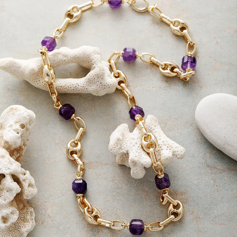 Natural Amethyst Gold Plated Chunky Chain