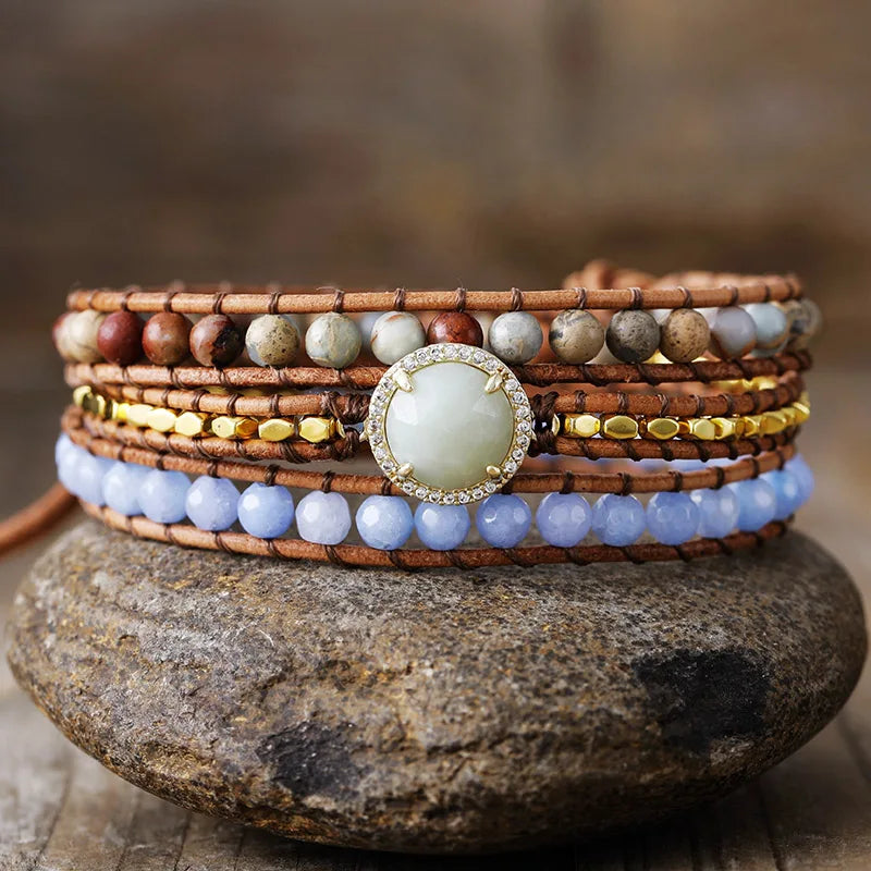 Natural Jade, Imperial Jasper & Amazonite Leather Wrap Bracelet