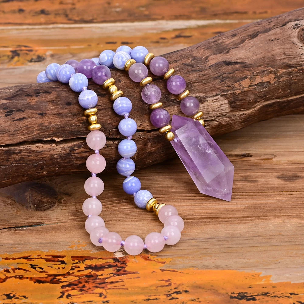 Natural Agate, Rose Quartz & Amethyst Crystal Pillar Necklace