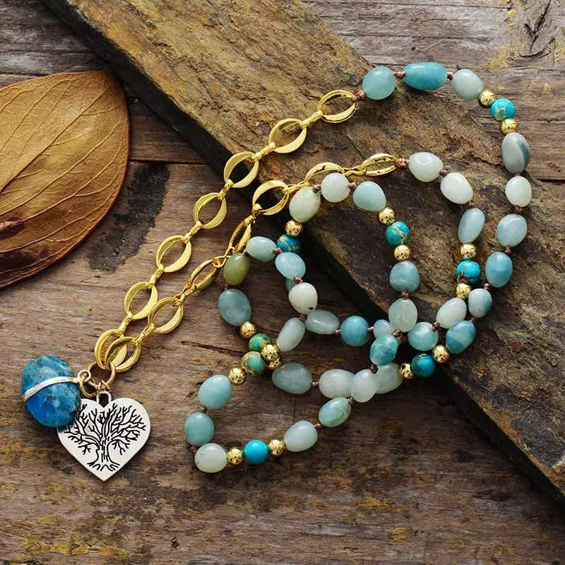 Natural Amazonite & Apatite Pendant Gold Plated Chain Tree of Life Necklace