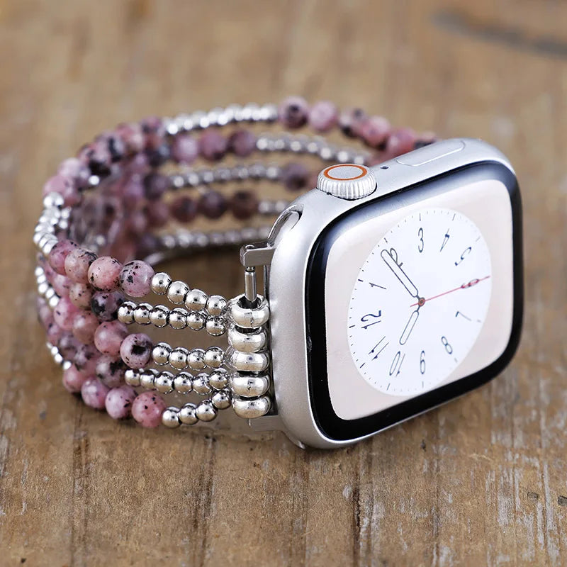 Natural Rhodonite & Brass Beaded Smartwatch Band