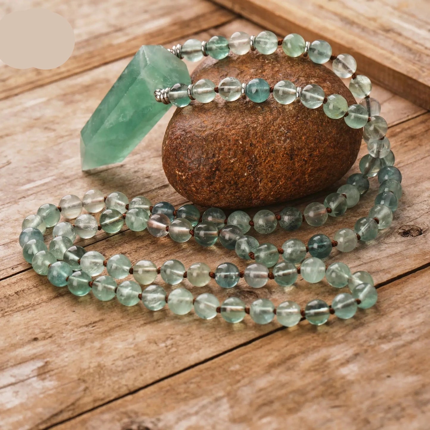 Natural Green Fluorite 108 Beads Point Pendant Mala