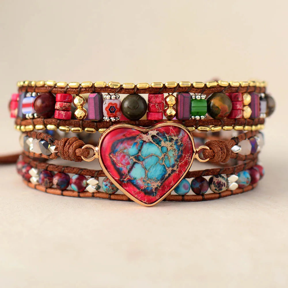 Natural Mixed Jasper Beads & Heart Charm Leather Wrap Bracelet