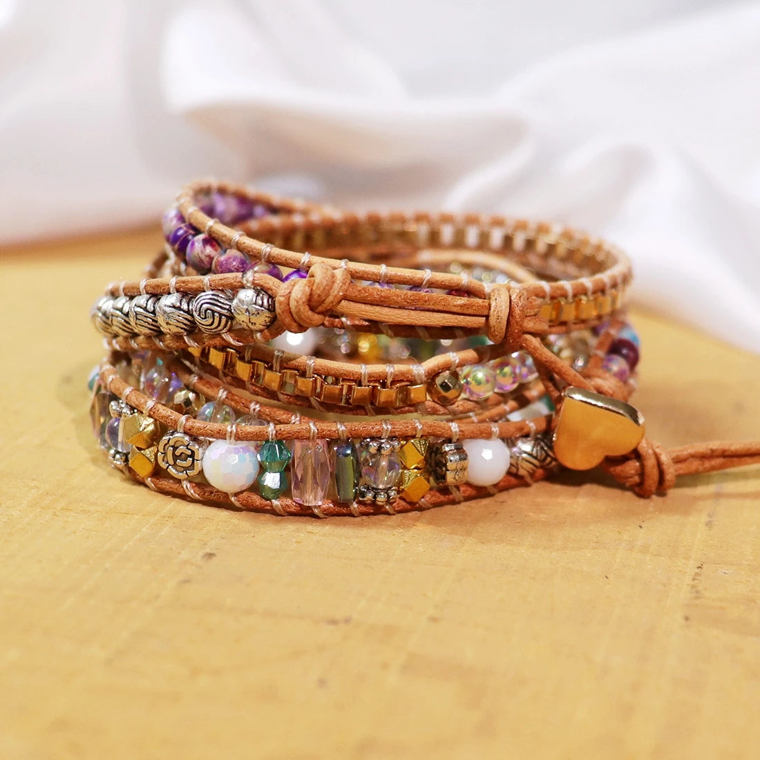 Natural Opal & Imperial Jasper Leather Wrap Bracelet