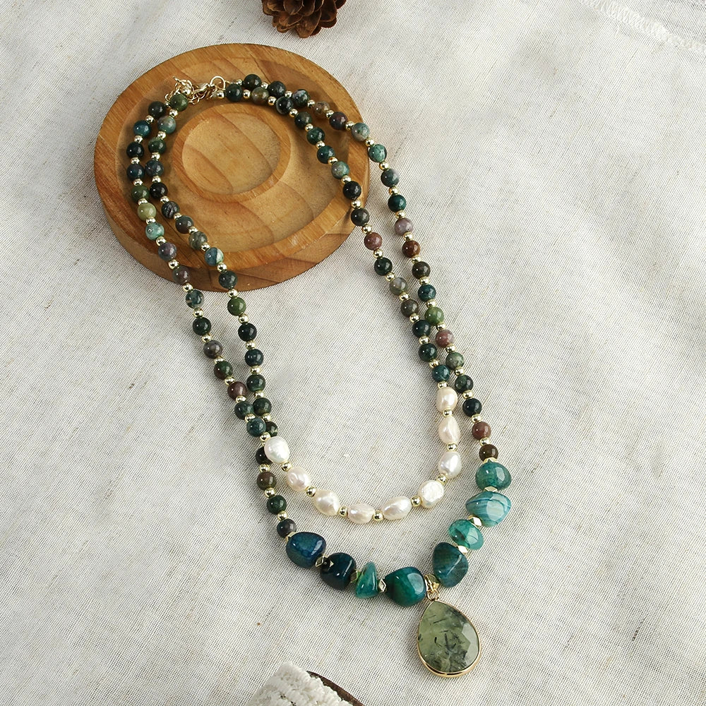 Natural Pearls, Indian Agate, Apatite & Prehnite Pendant Double Layer Necklace