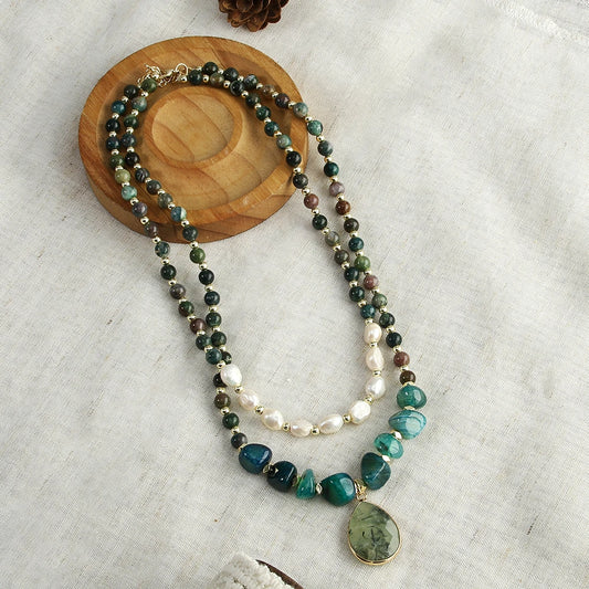 Natural Pearls, Indian Agate, Apatite & Prehnite Pendant Double Layer Necklace