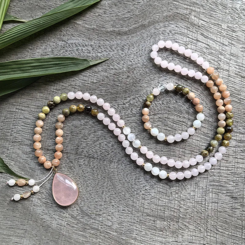 Natural Garnet, Sunstone & Rose Quartz 108 Beads Mala Set