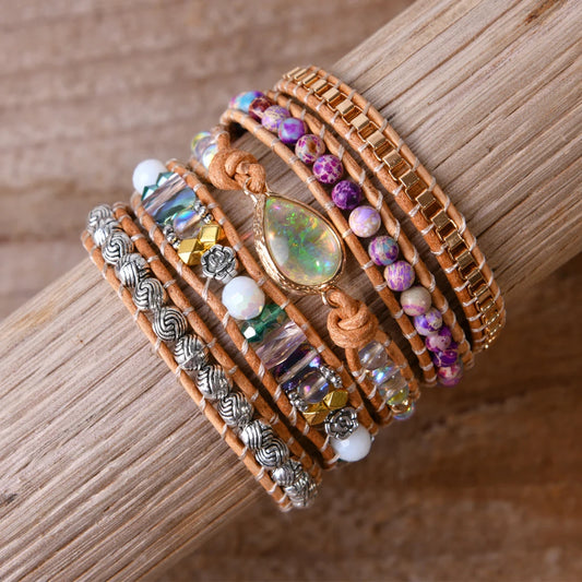 Natural Opal & Imperial Jasper Leather Wrap Bracelet
