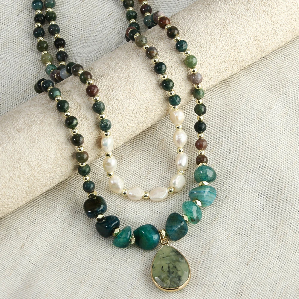Natural Pearls, Indian Agate, Apatite & Prehnite Pendant Double Layer Necklace