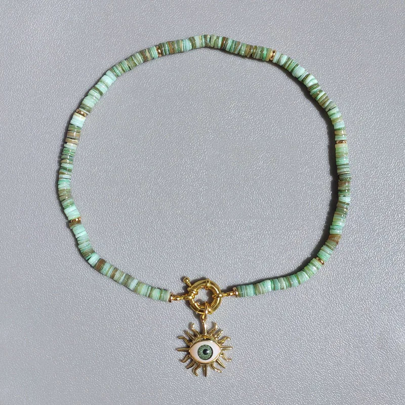 Natural Jade, Amazonite & Shell Evil Eye Gold Plated Lariat Necklace