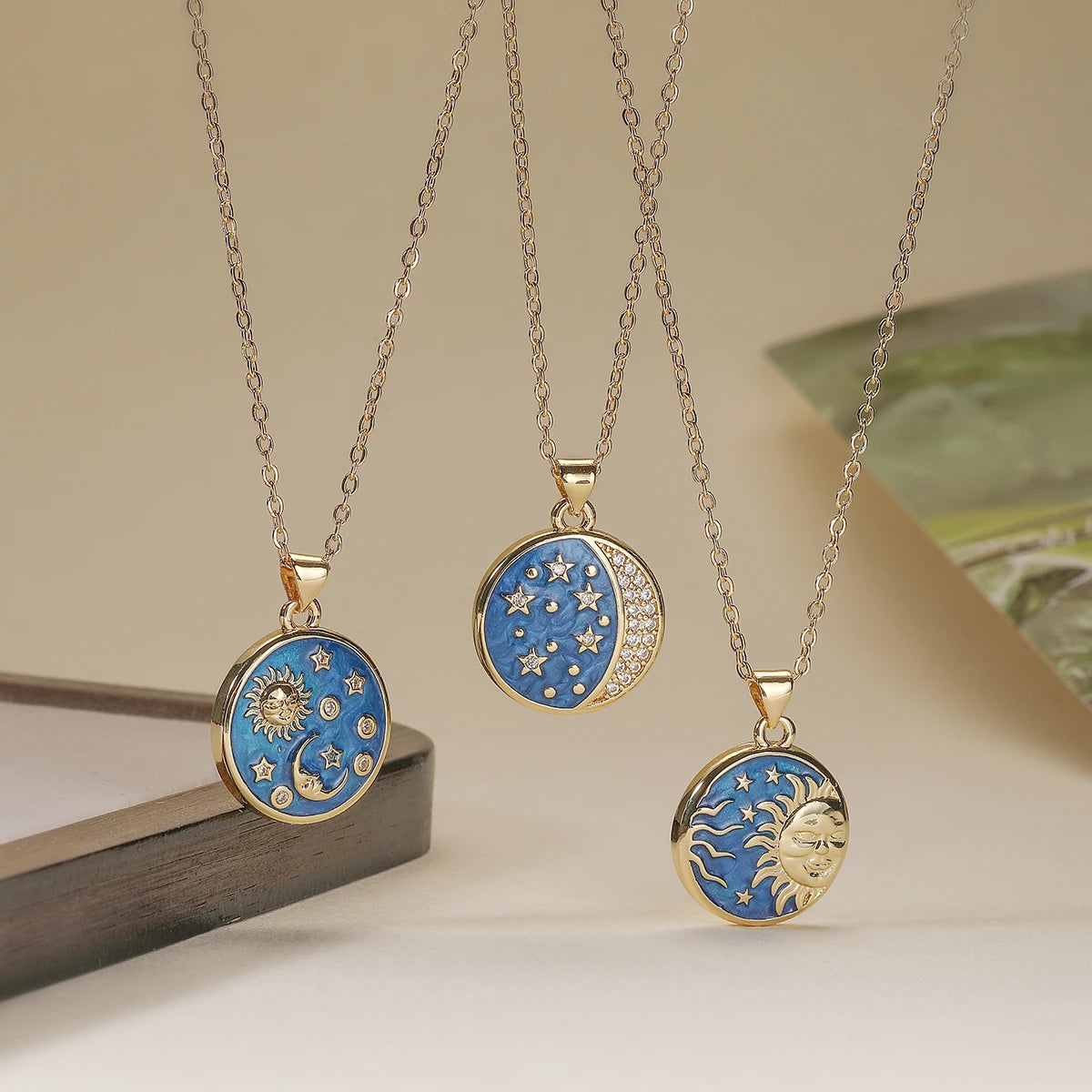 Handmade Enameled Moon Sun & Stars Zircon Pendant Necklace