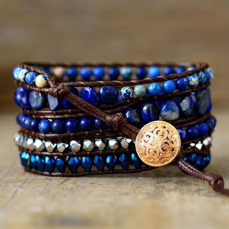 Natural Lapis Lazuli & Blue Jasper Vegan Wrap Bracelet