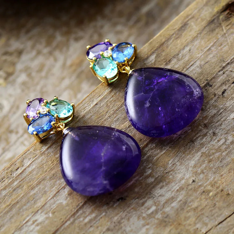 Natural Amethyst Gold Plated Chic Earrings