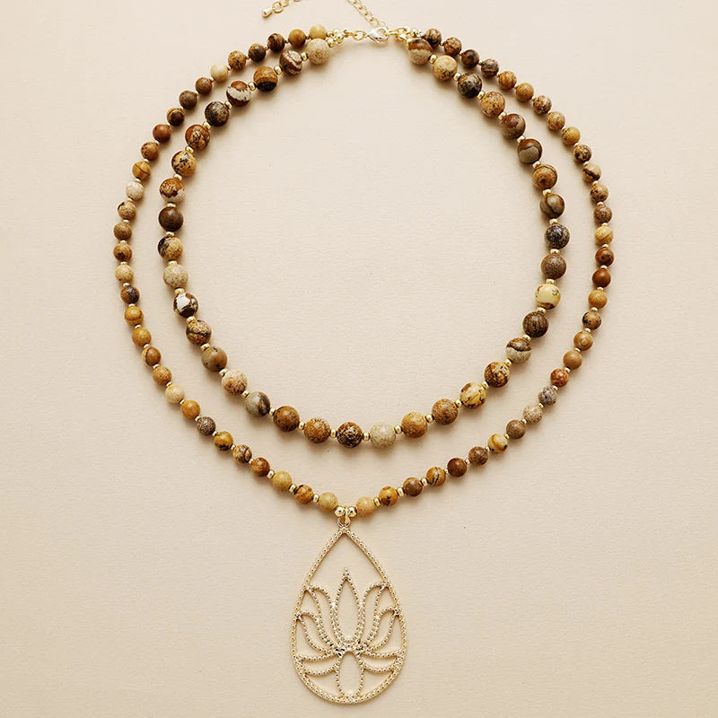 Natural Picture Jasper Multi Layered Lotus Necklace