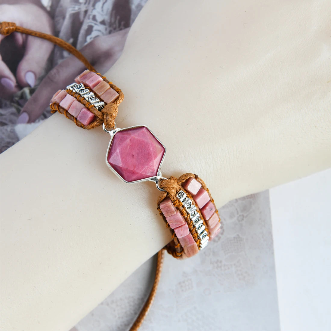 Natural Rhodonite Hexagonal Charm Wrap Bracelet
