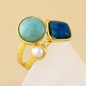 Natural Amazonite, Apatite & Pearl Gold Plated Ring