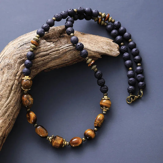 Natural Lava Stone & Tiger's Eye Beaded Choker Necklace