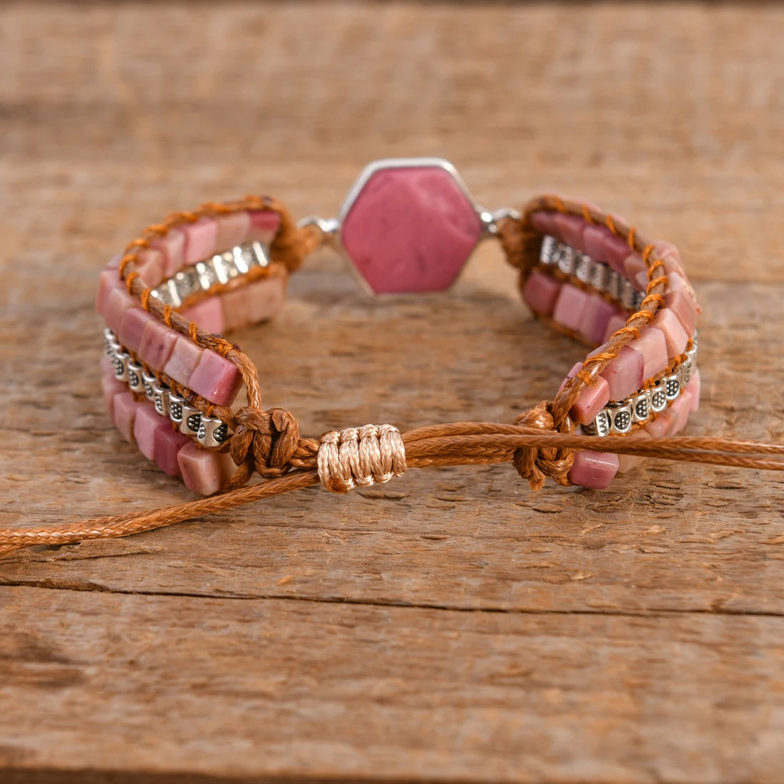Natural Rhodonite Hexagonal Charm Wrap Bracelet