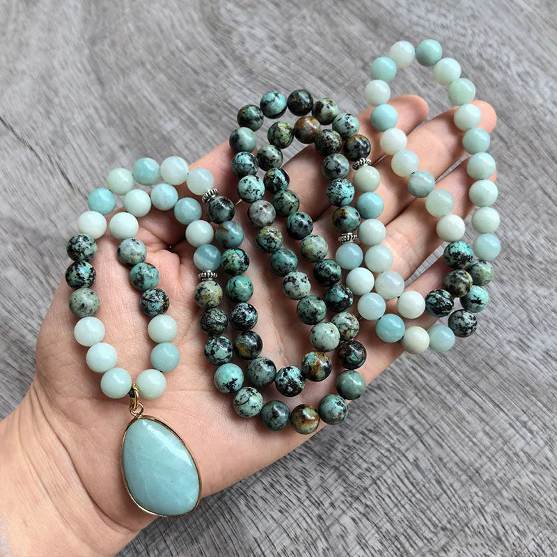 Natural Amazonite & African Turquoise 108 Beads Mala Bracelet Set