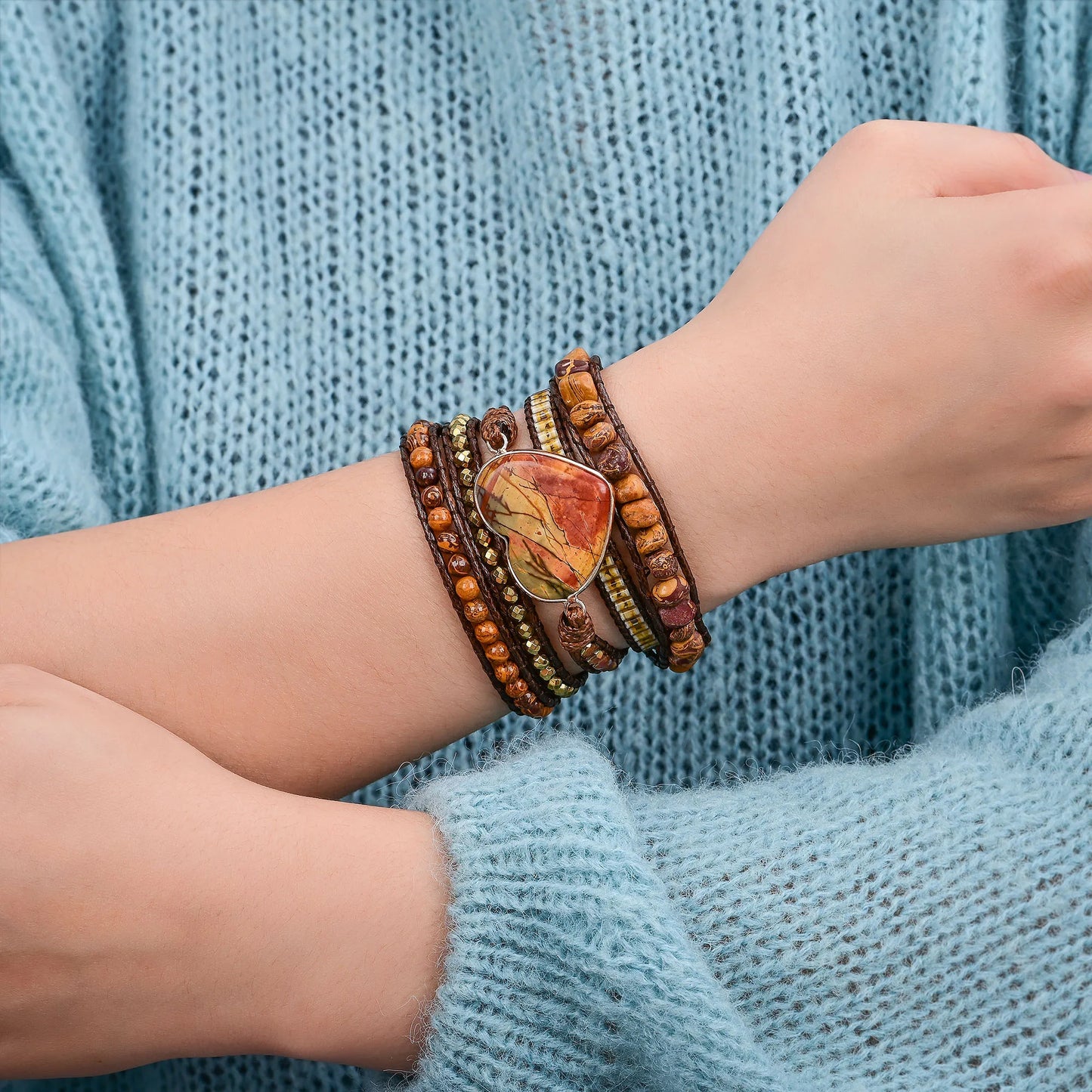 Natural Picasso Jasper Heart Vegan Wrap Bracelet