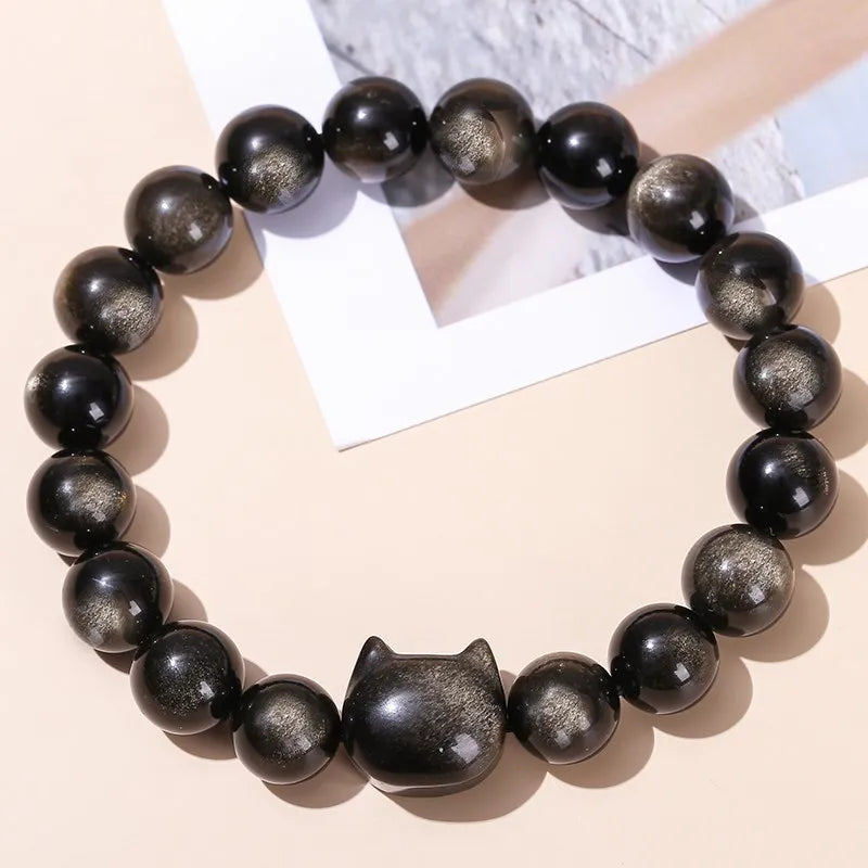 Natural Gold / Silver Sheen Obsidian Cat Bracelet