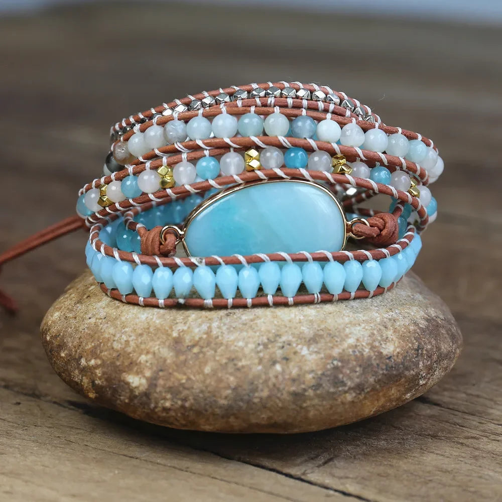 Natural Amazonite Leather Wrap Bracelet