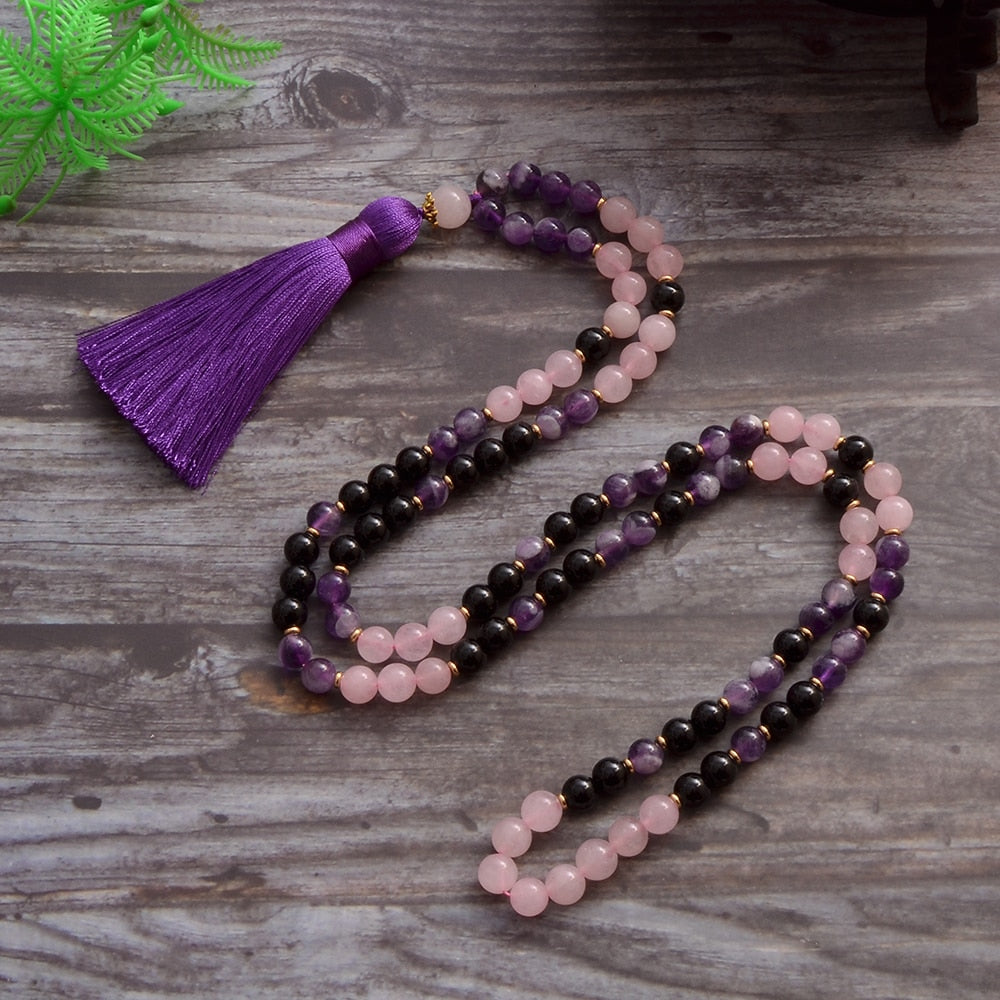 Natural Amethyst, Black Onyx & Rose Quartz 108 Beads Mala Necklace / Bracelet