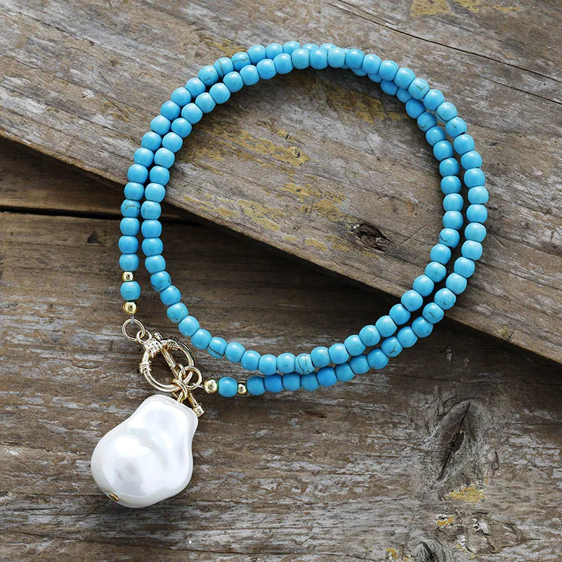 Natural Turquoise & Freshwater Pearl Lariat Necklace